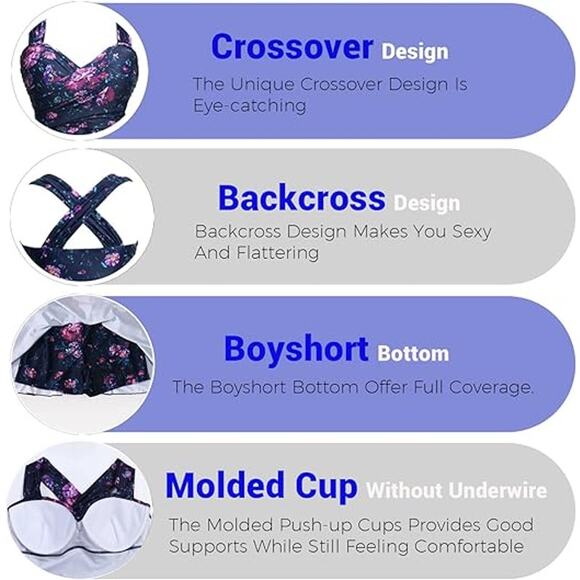 COCOPEAR Women's Crossover One Piece Swimdress Floral Skirted Swimsuit - 3XL - Picture 3 of 5